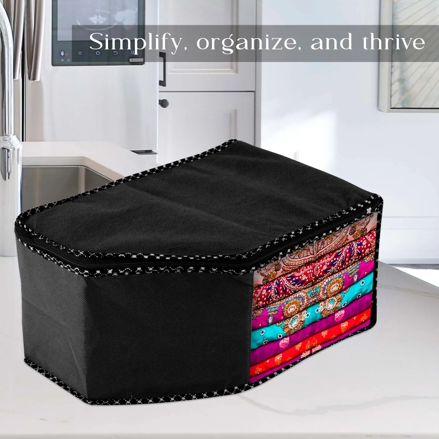 Kuber Industries Blouse Cover | Clothes Storage Bag | Zipper Wardrobe Organizers | Non-Woven Clothes Organiser | Side Transparent Blouse Organizer | Dot Border | Pack of 6 | Black