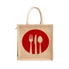 Kuber Industries Grocery Bag | Jute Carry Bag | Reusable Shopping Bag | Lunch Handbag | Zipper Grocery Bag with Handle | Red Spoon Fork-Print Grocery Bag | Brown