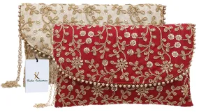 Kuber Industries Women's Handcrafted 2 Pieces Embroidered Clutch Bag Purse Handbag for Bridal, Casual, Party, Wedding (Maroon & Cream) - CTKTC034522