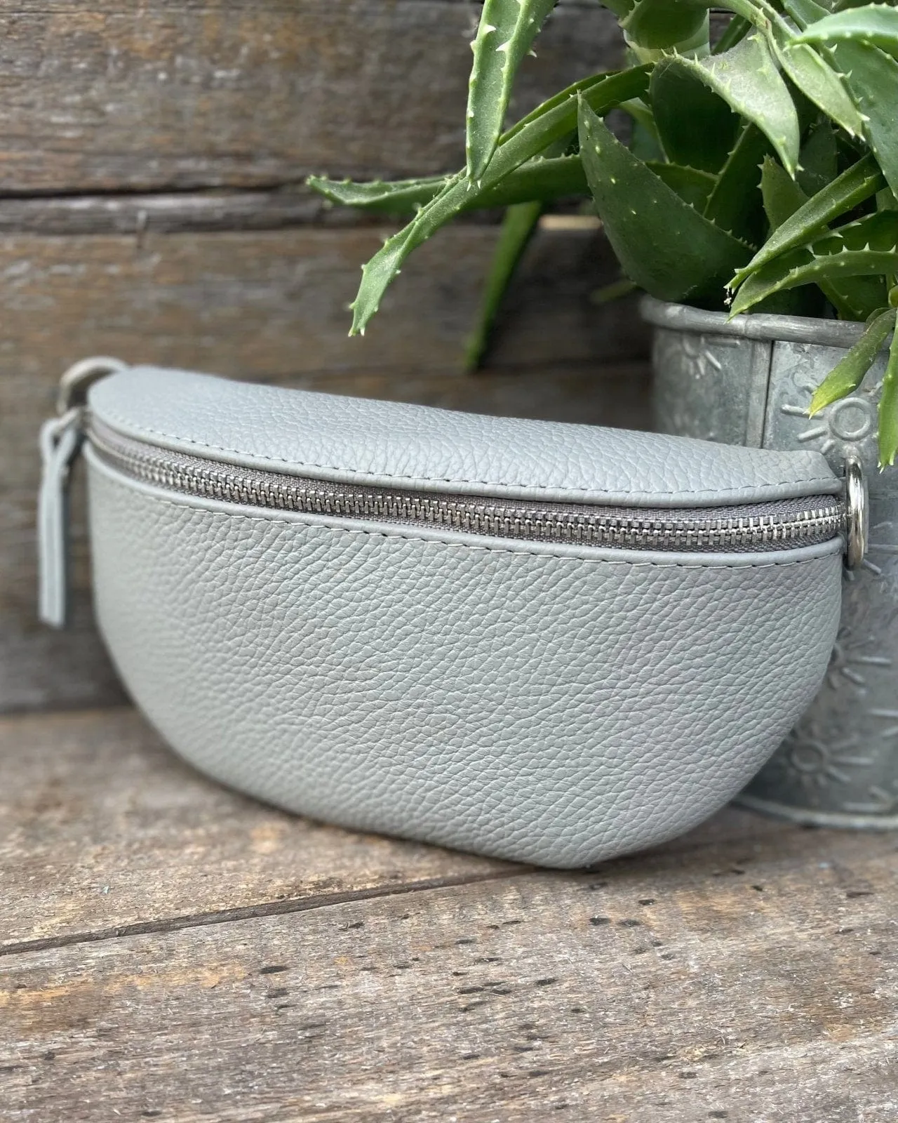 Leather Belt Bag - Pale Grey With Silver Finishings