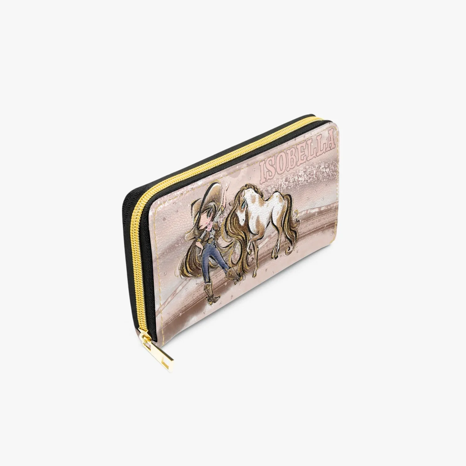 Long Type Zipper Purse, Howdy Cowgirl & Horse, Brunette Hair Brown Eyes