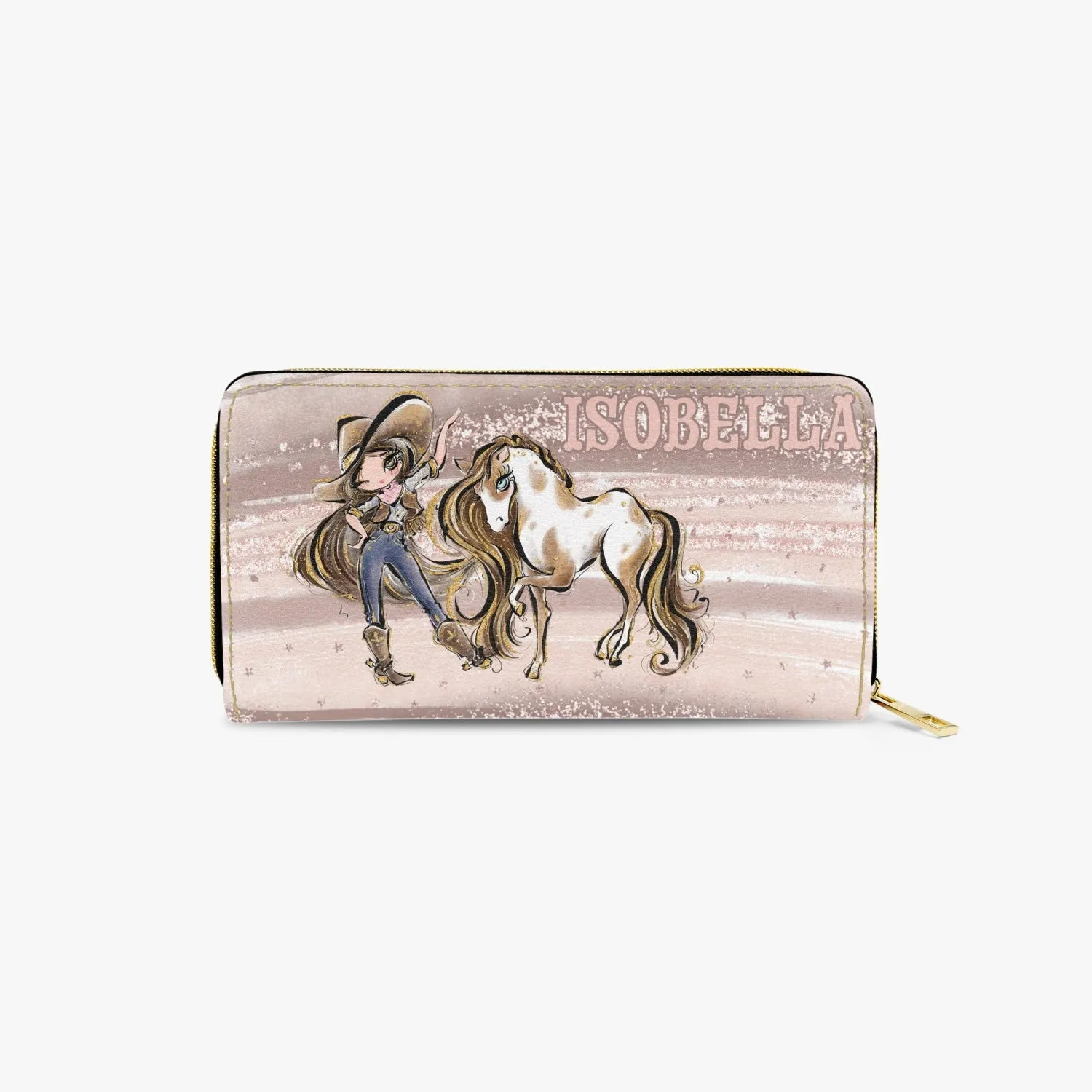 Long Type Zipper Purse, Howdy Cowgirl & Horse, Brunette Hair Brown Eyes