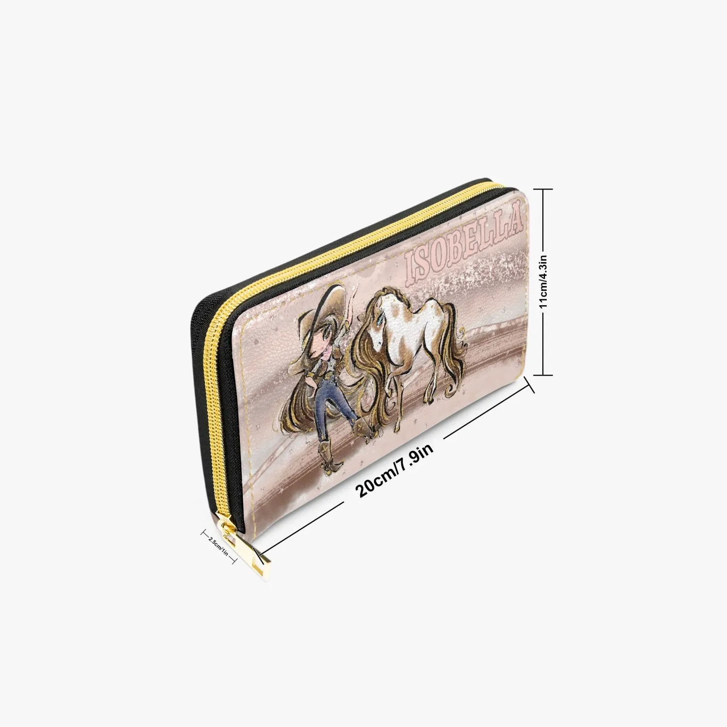 Long Type Zipper Purse, Howdy Cowgirl & Horse, Brunette Hair Brown Eyes