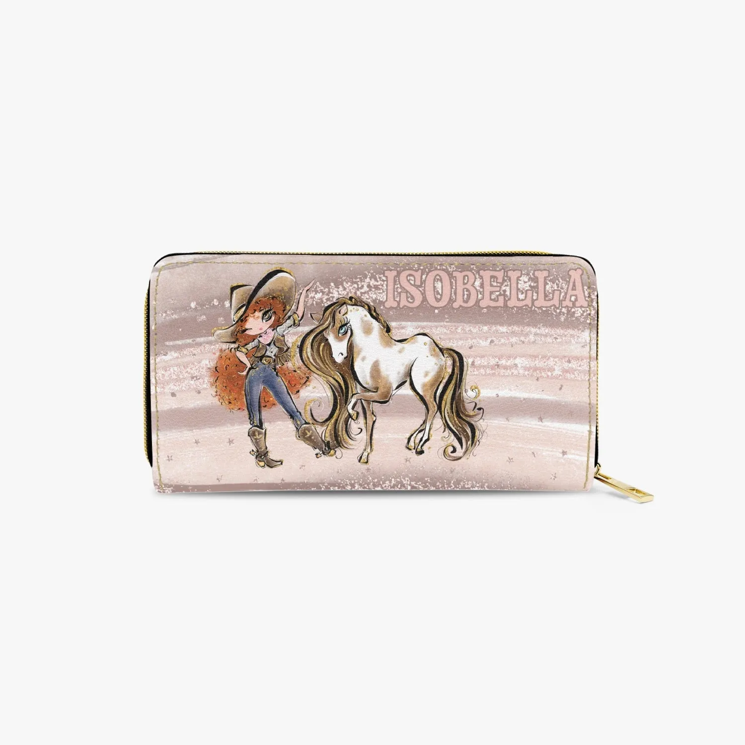 Long Type Zipper Purse, Howdy Cowgirl & Horse, Red Curly Hair Brown Eyes, Personalised