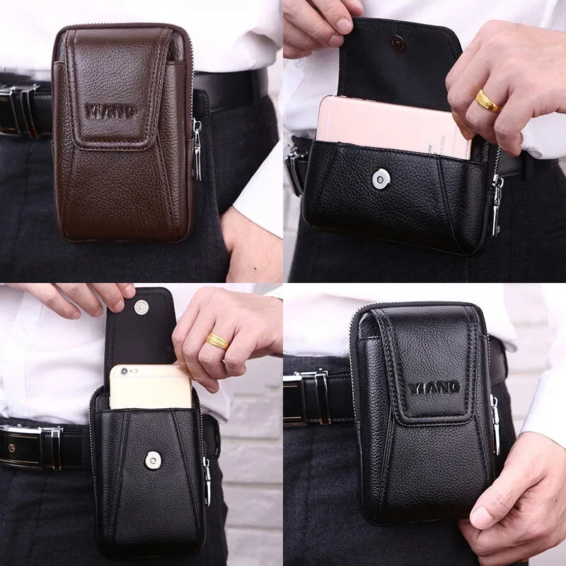 Men Genuine Leather Retro 6 Inch Phone Bag Business Casual Belt Waist