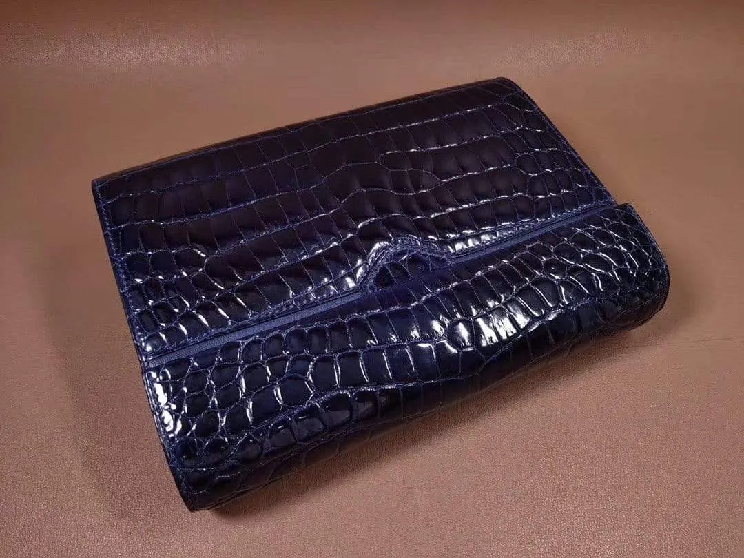 Mens Genuine Crocodile Leather High Shiny Gloss Baking Beads Clutch Bag Blue