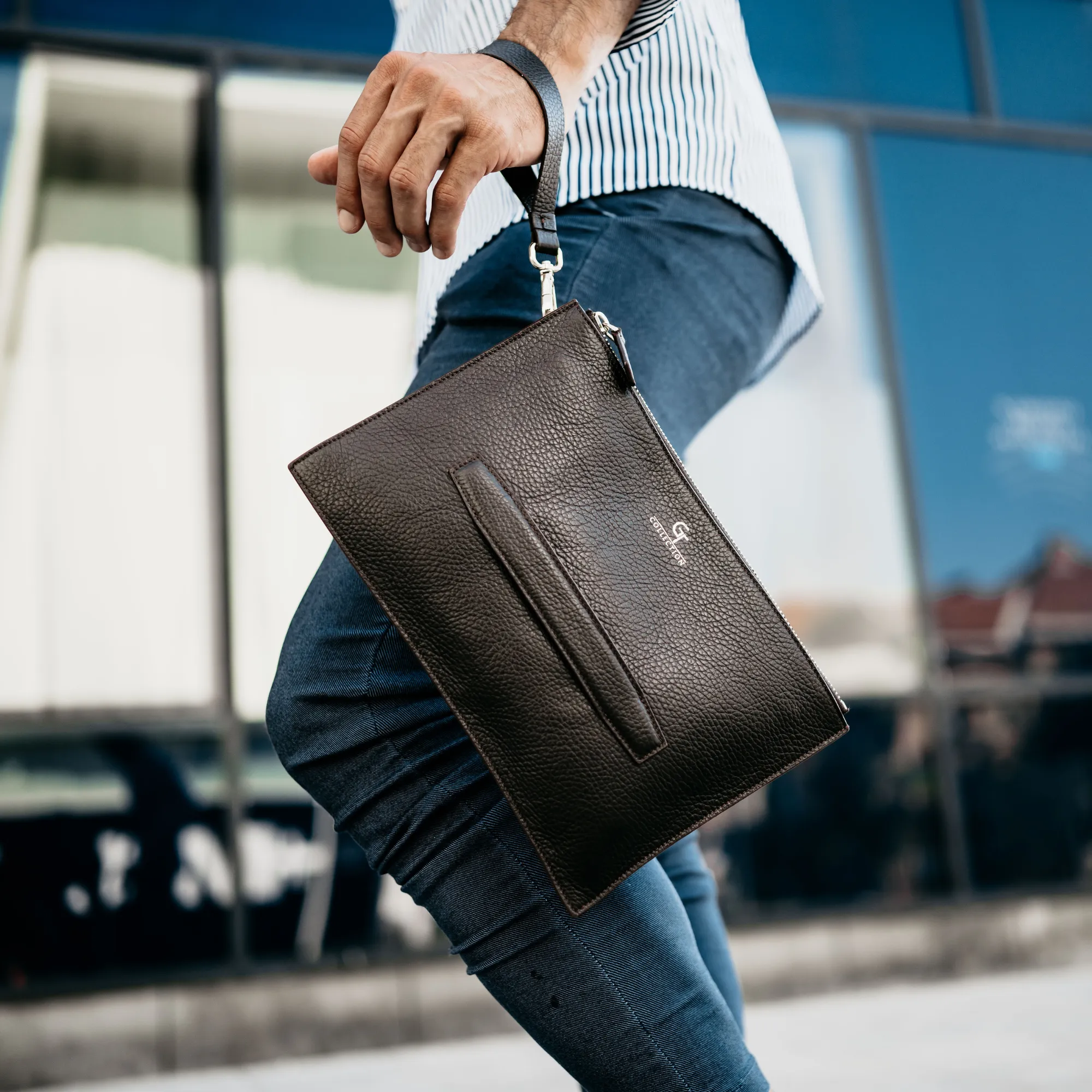 Men's Leather Hand Bag - Brown with golden details