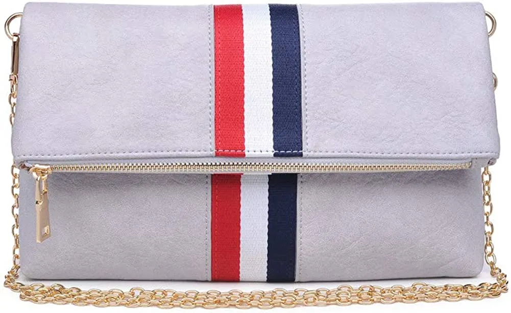 Modern Striped Grey Vegan Leather Folder Over Clutch With Removable Chain Strap