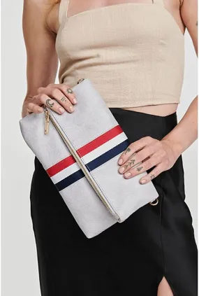 Modern Striped Grey Vegan Leather Folder Over Clutch With Removable Chain Strap