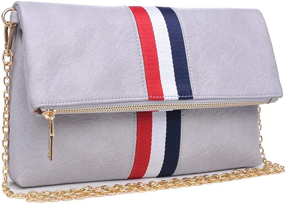 Modern Striped Grey Vegan Leather Folder Over Clutch With Removable Chain Strap