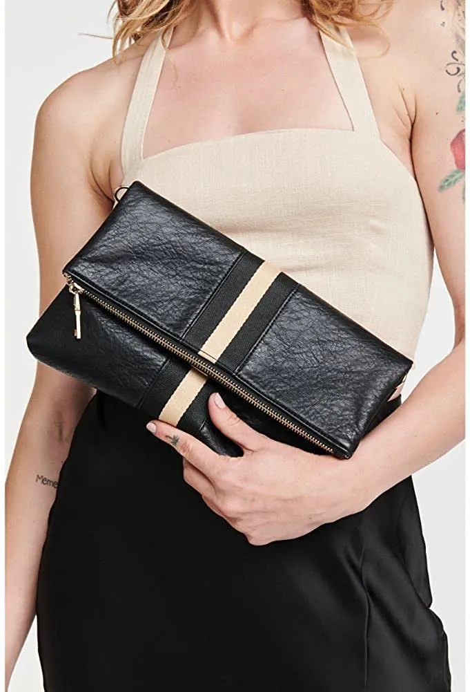 Modern Striped Grey Vegan Leather Folder Over Clutch With Removable Chain Strap