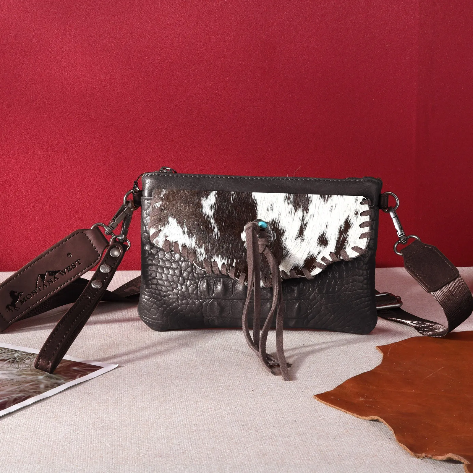 MW1268-181  Montana West Hair-On Cowhide Croc Embossed  Clutch/Crossbody