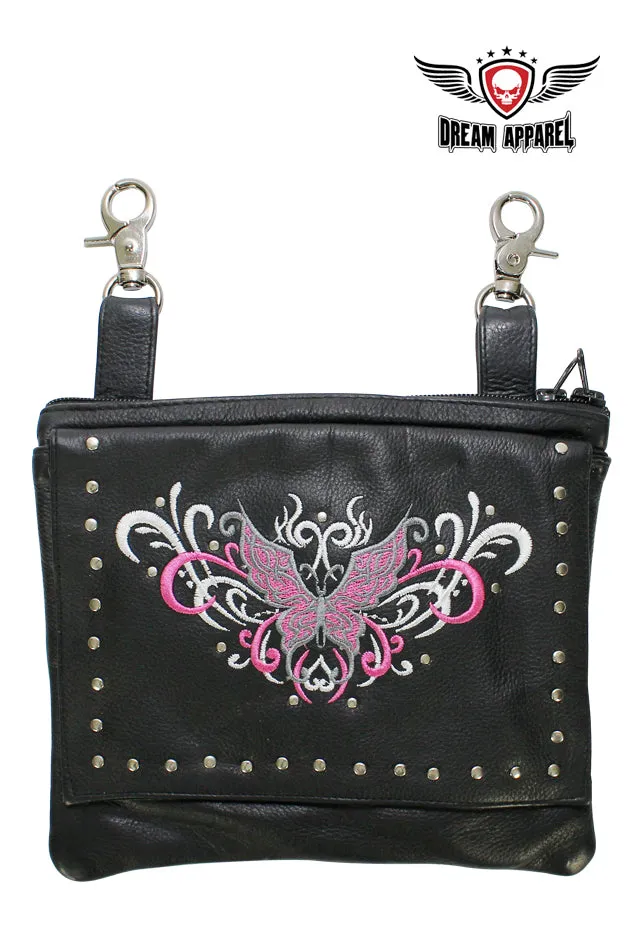 Naked Cowhide Leather Pink Butterfly Belt Bag W/ Studs