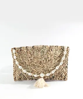 Natural Clutch Bag with Pearl Bead Embellishment and Button Closure