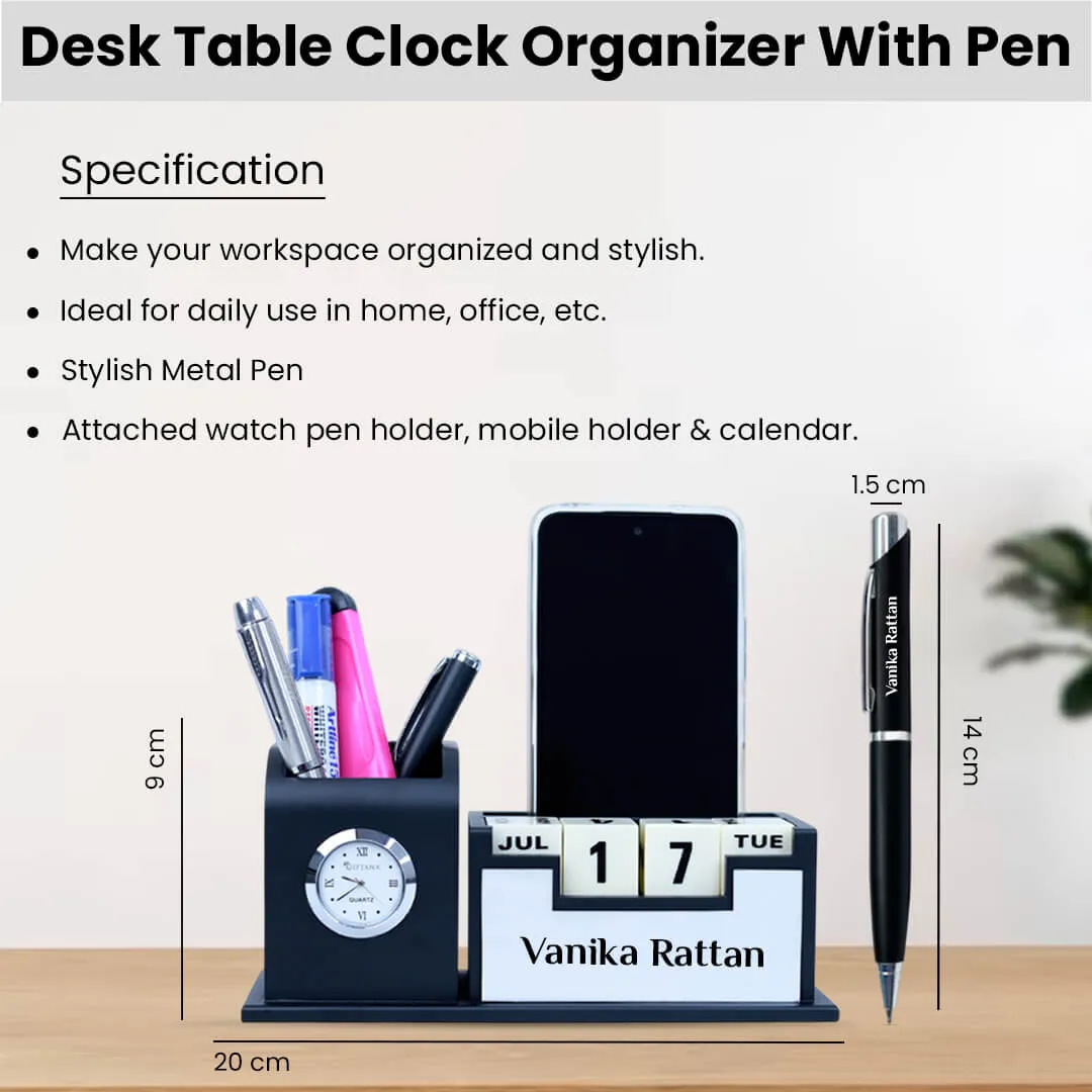 Personalized Infinity Calendar Table Clock Desk Organizer and Pen - Silver