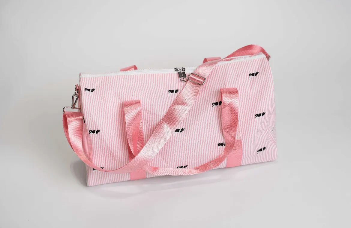 Pink Stripe Embroidered Duffle Bag