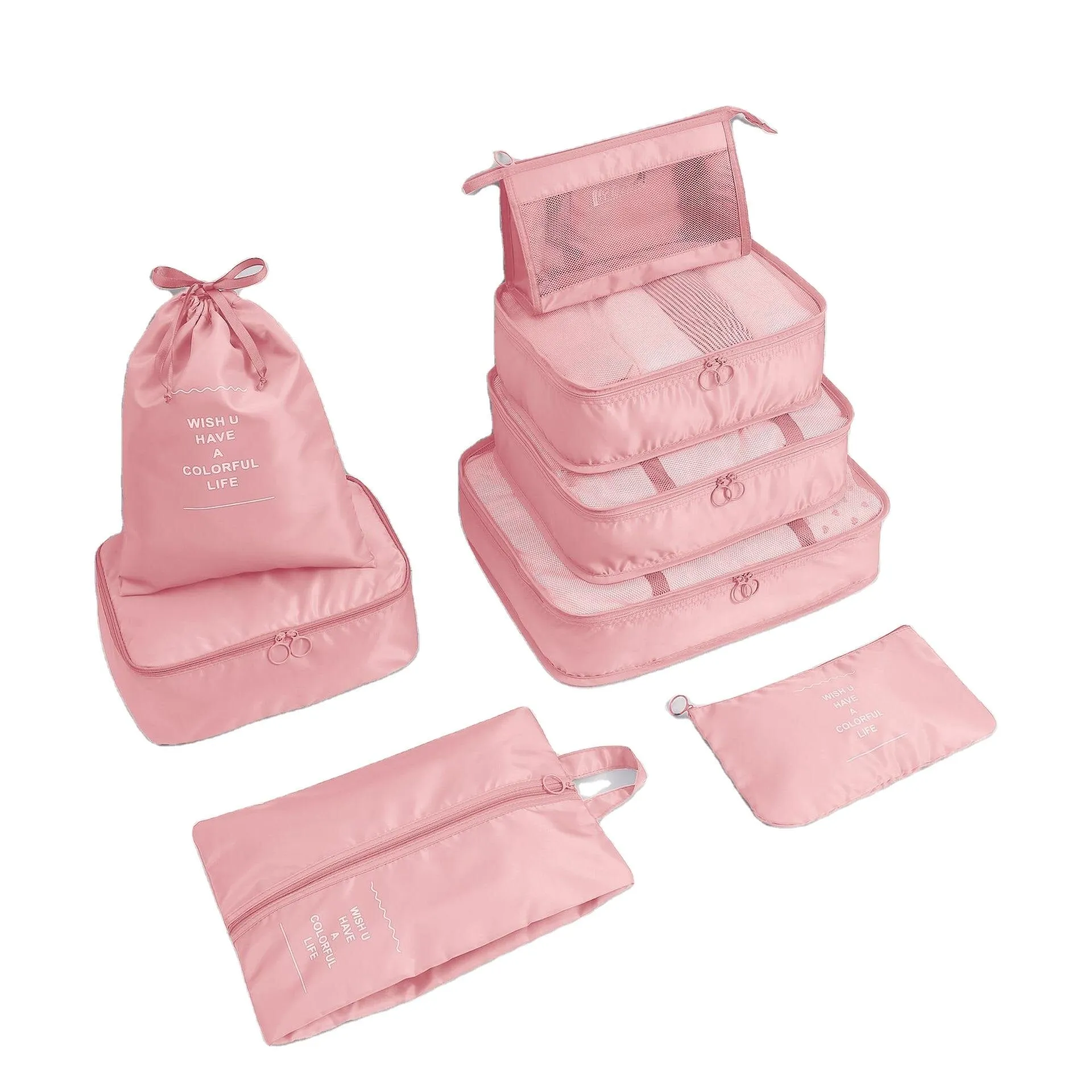 Polyester Pink Color Travel Luggage Organizer 8 Piece Set Clothing Storage Bags Luggage Packing Cubes