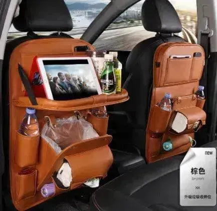 PU Leather Car Storage Bag Multifunction Seat Back Tray Hanging Bag Waterproof Car Seat Organizer Automotive Interior Accessories