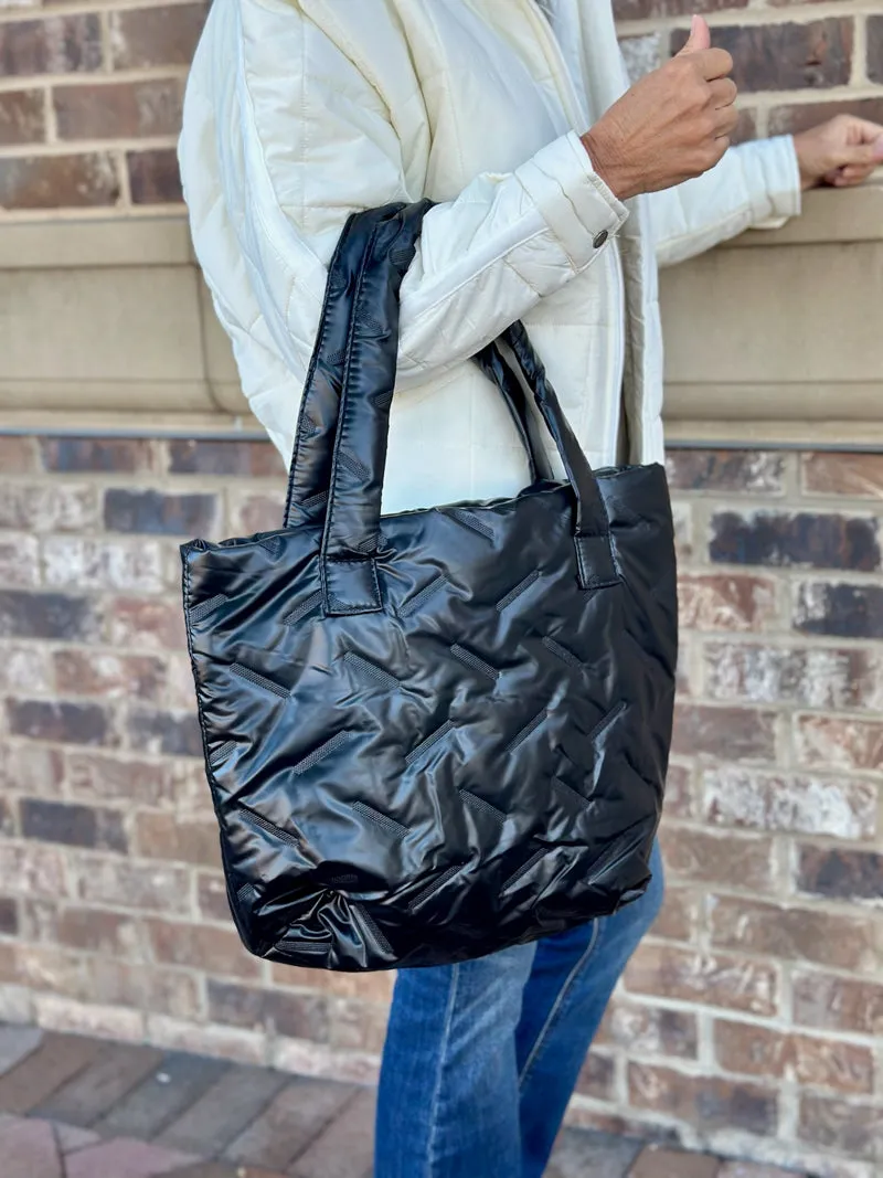 Quilted Elegance Metallic Puffer Tote Bag - Black