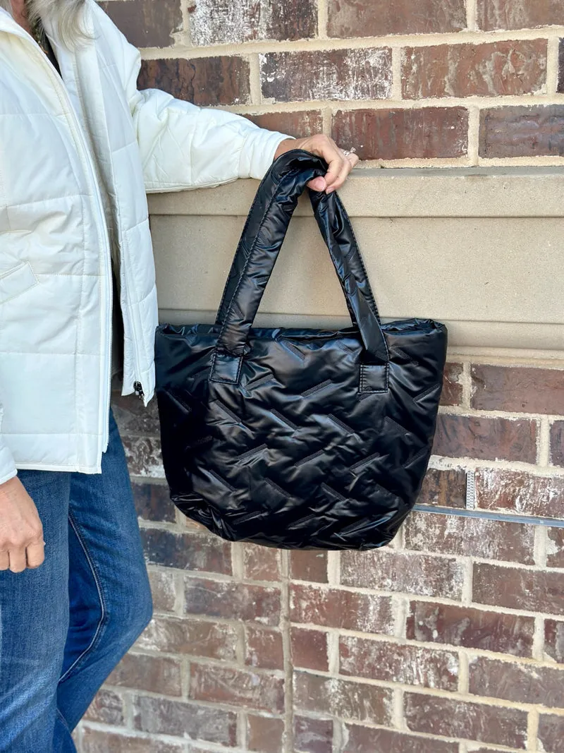 Quilted Elegance Metallic Puffer Tote Bag - Black