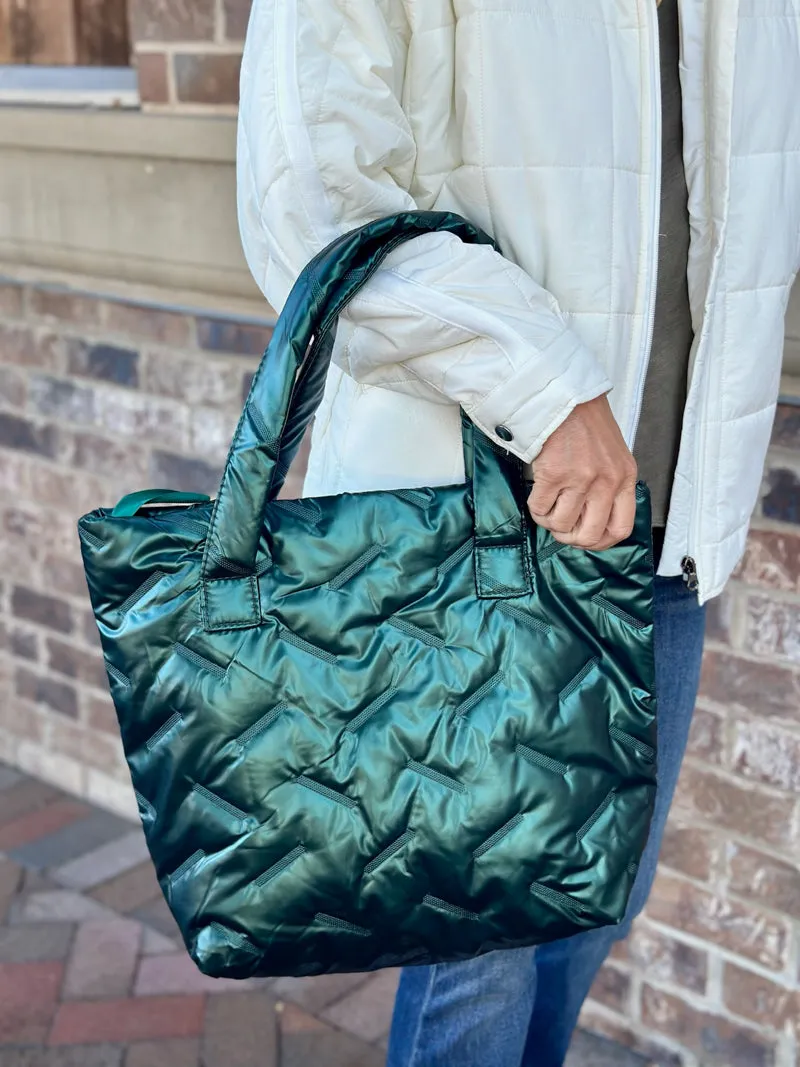 Quilted Elegance Metallic Puffer Tote Bag - Green