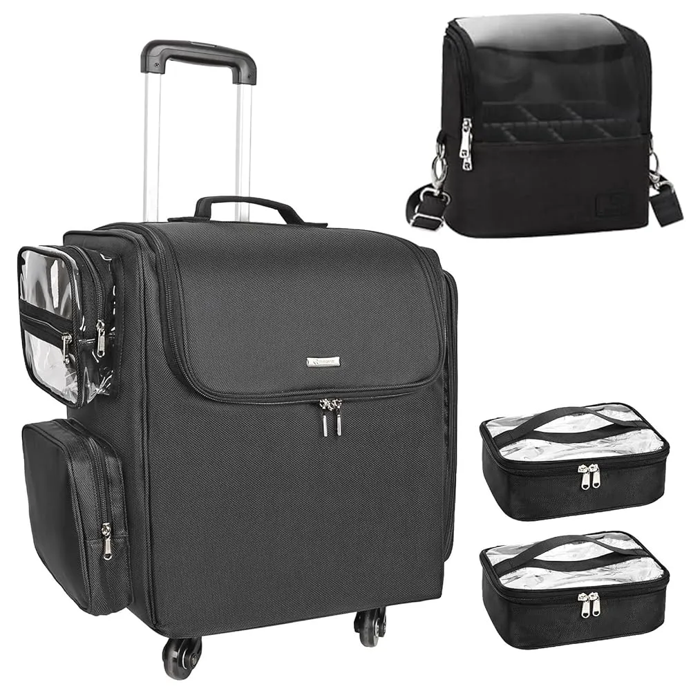 Rolling Hairstylist Makeup Train Case with 4 Wheels