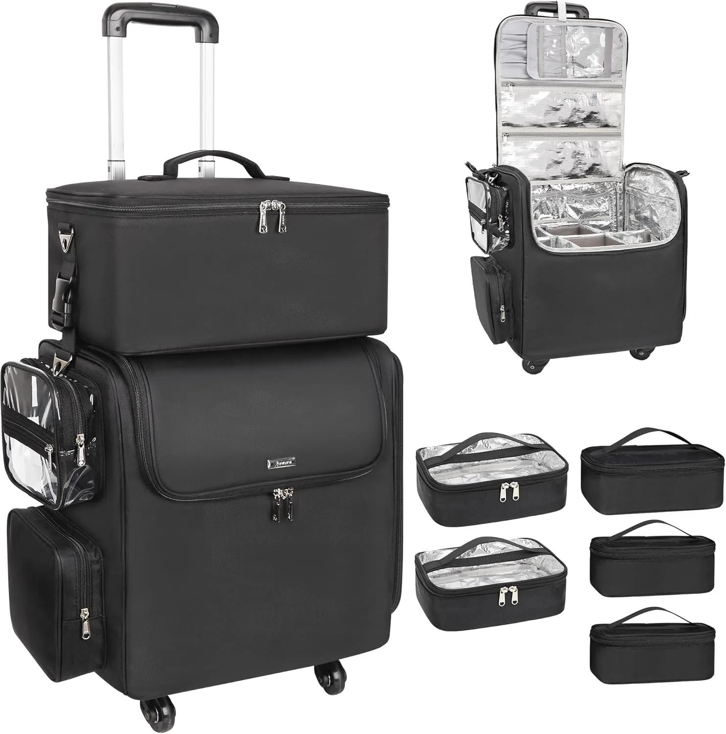 Rolling Hairstylist Makeup Train Case with 4 Wheels