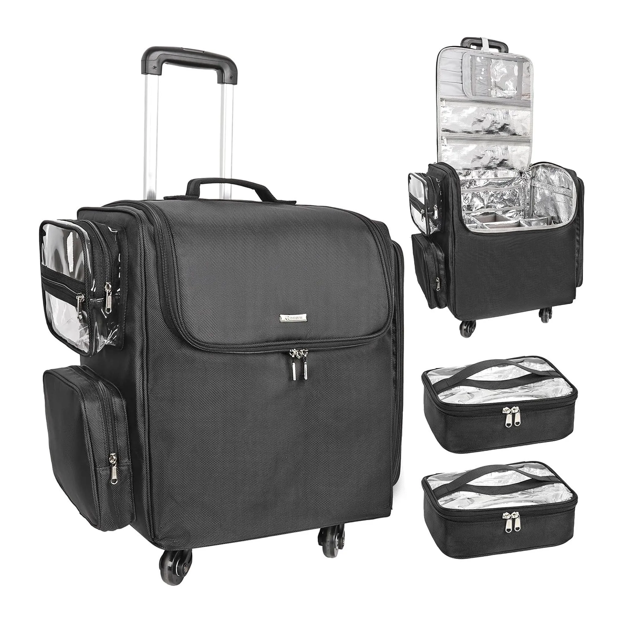 Rolling Hairstylist Makeup Train Case with 4 Wheels