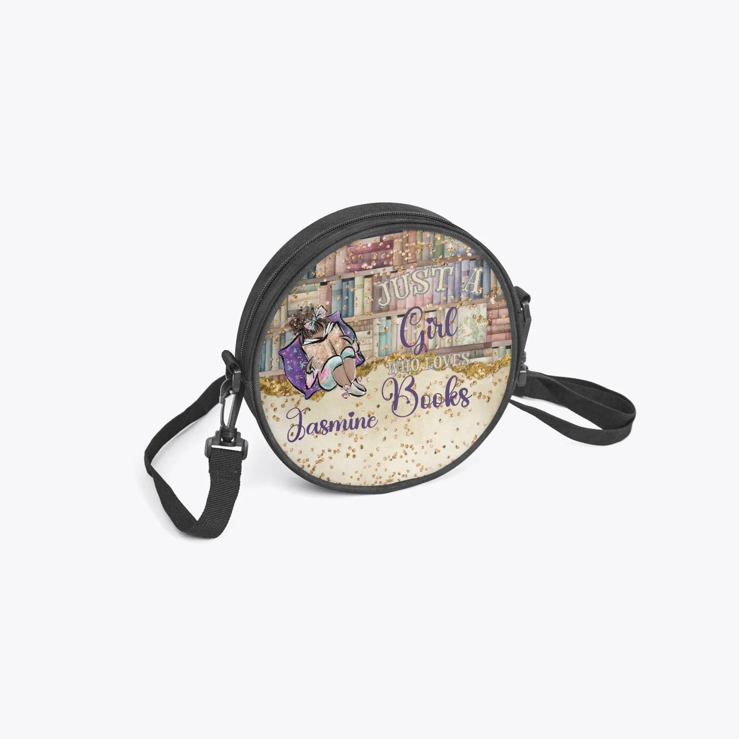 Round Satchel Bag, Just a Girl who Loves Books, Brunette Hair Olive Skin, Personalised