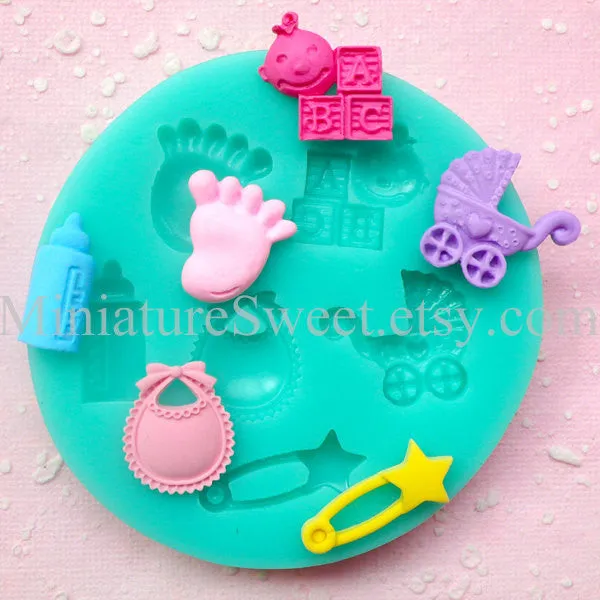 Silicone Mold Flexible Mold (Baby Stroller Foot Bib  Bottle 6pcs) Fondant Gumpaste Cupcake Topper Chocolate Clay Resin Scrapbooking MD034