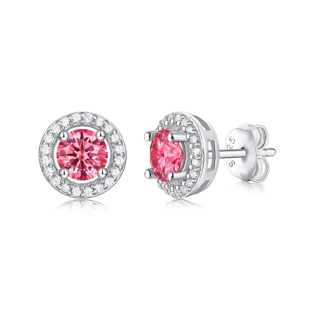 Sterling Silver 0.50 Lab-Grown Pink & White Moissanite Round Halo Stud Earrings