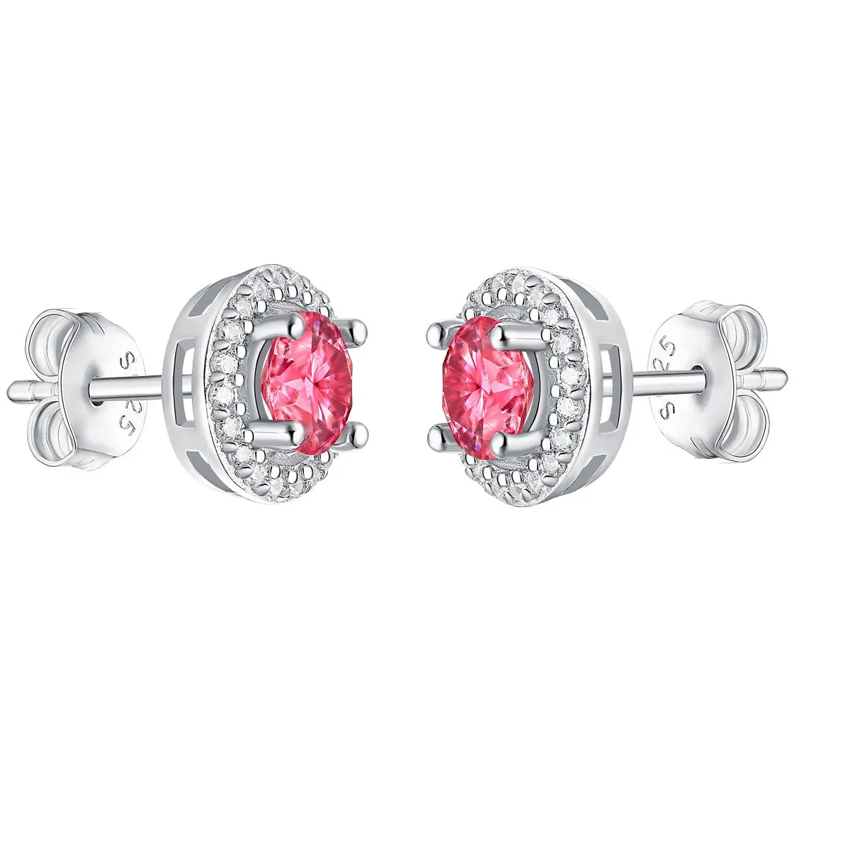 Sterling Silver 0.50 Lab-Grown Pink & White Moissanite Round Halo Stud Earrings