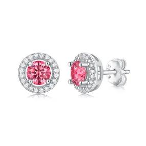 Sterling Silver 0.50 Lab-Grown Pink & White Moissanite Round Halo Stud Earrings