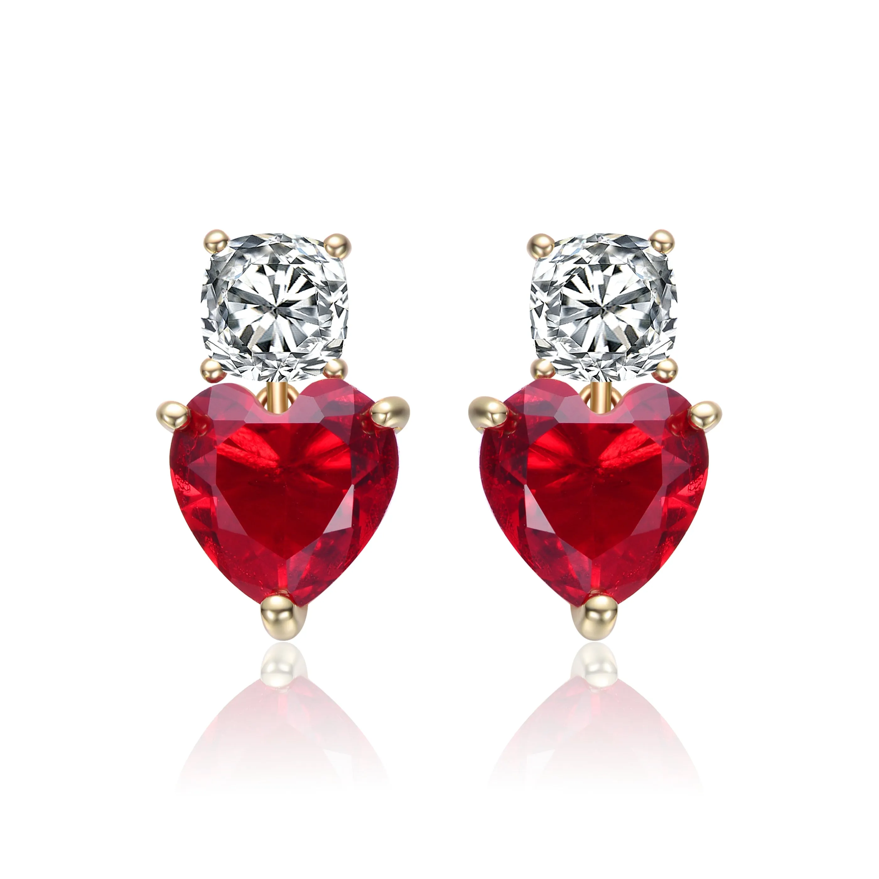 Sterling Silver 14k Gold Plated with Colored Cubic Zirconia Two-Stone Heart Earrings