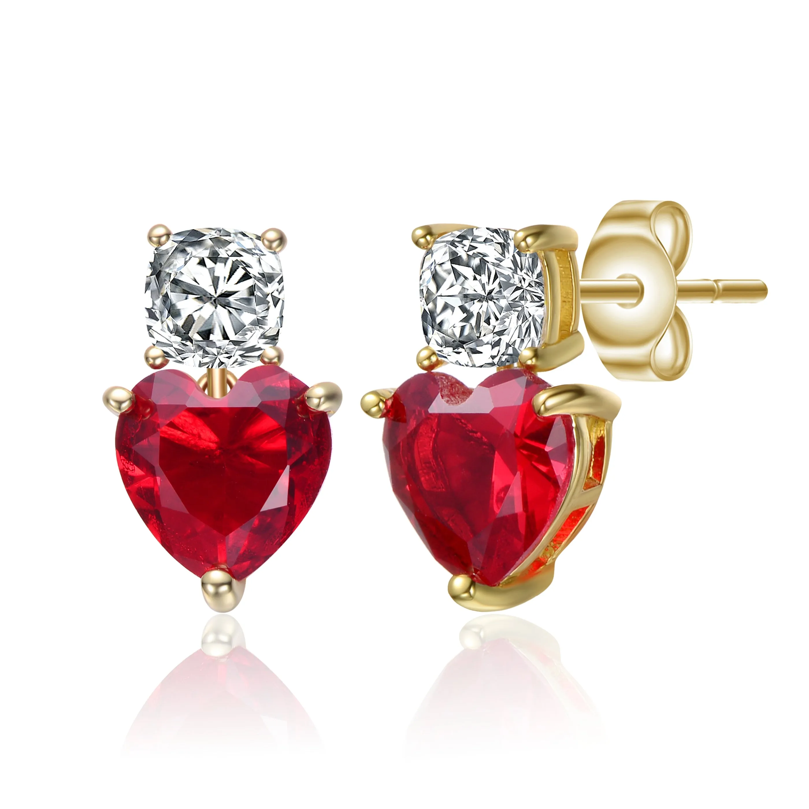 Sterling Silver 14k Gold Plated with Colored Cubic Zirconia Two-Stone Heart Earrings