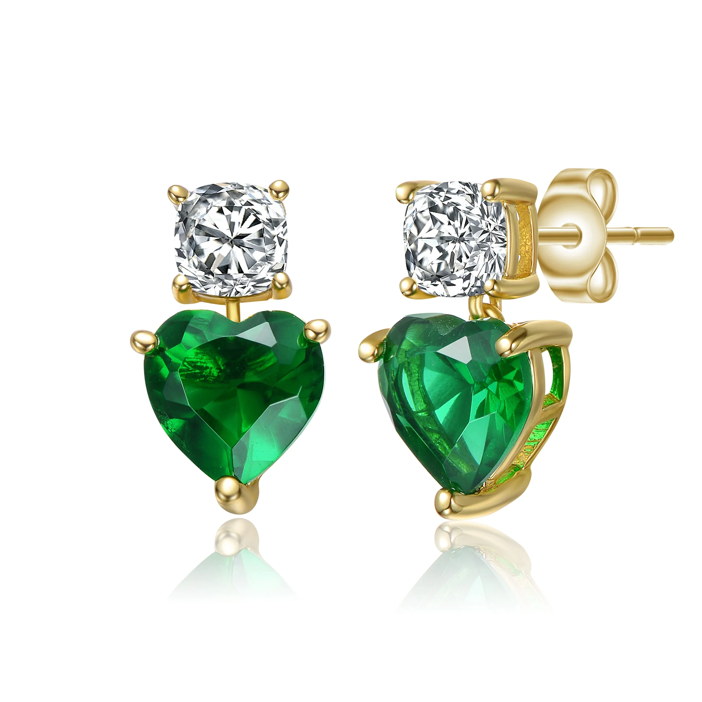 Sterling Silver 14k Gold Plated with Colored Cubic Zirconia Two-Stone Heart Earrings