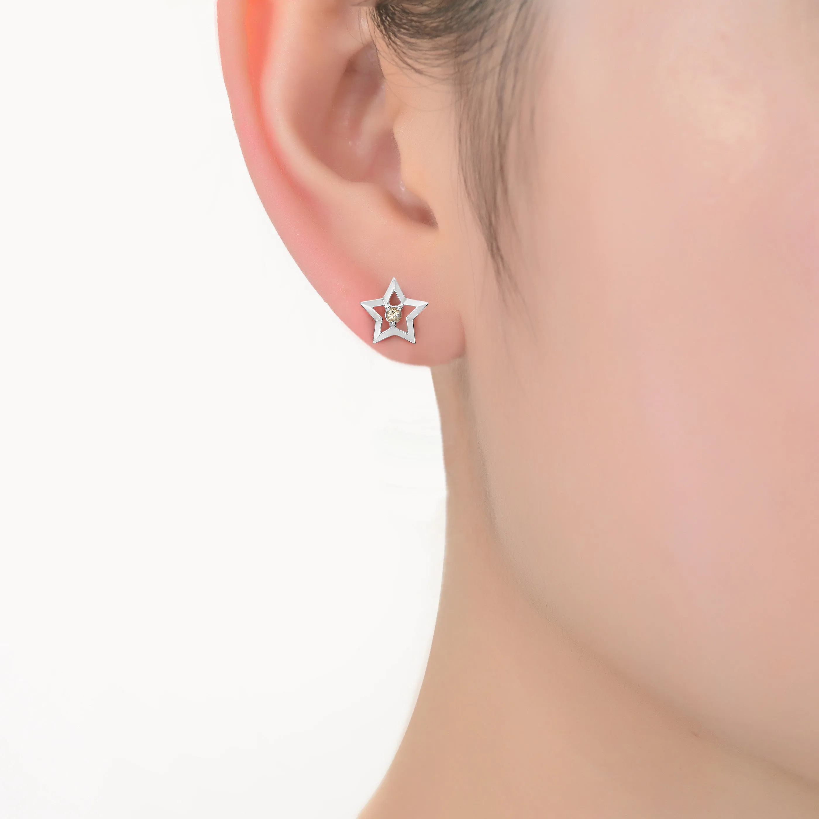 Sterling Silver White Gold Plated with Yellow Tourmaline Gemstone Star Shaped Stud Earrings