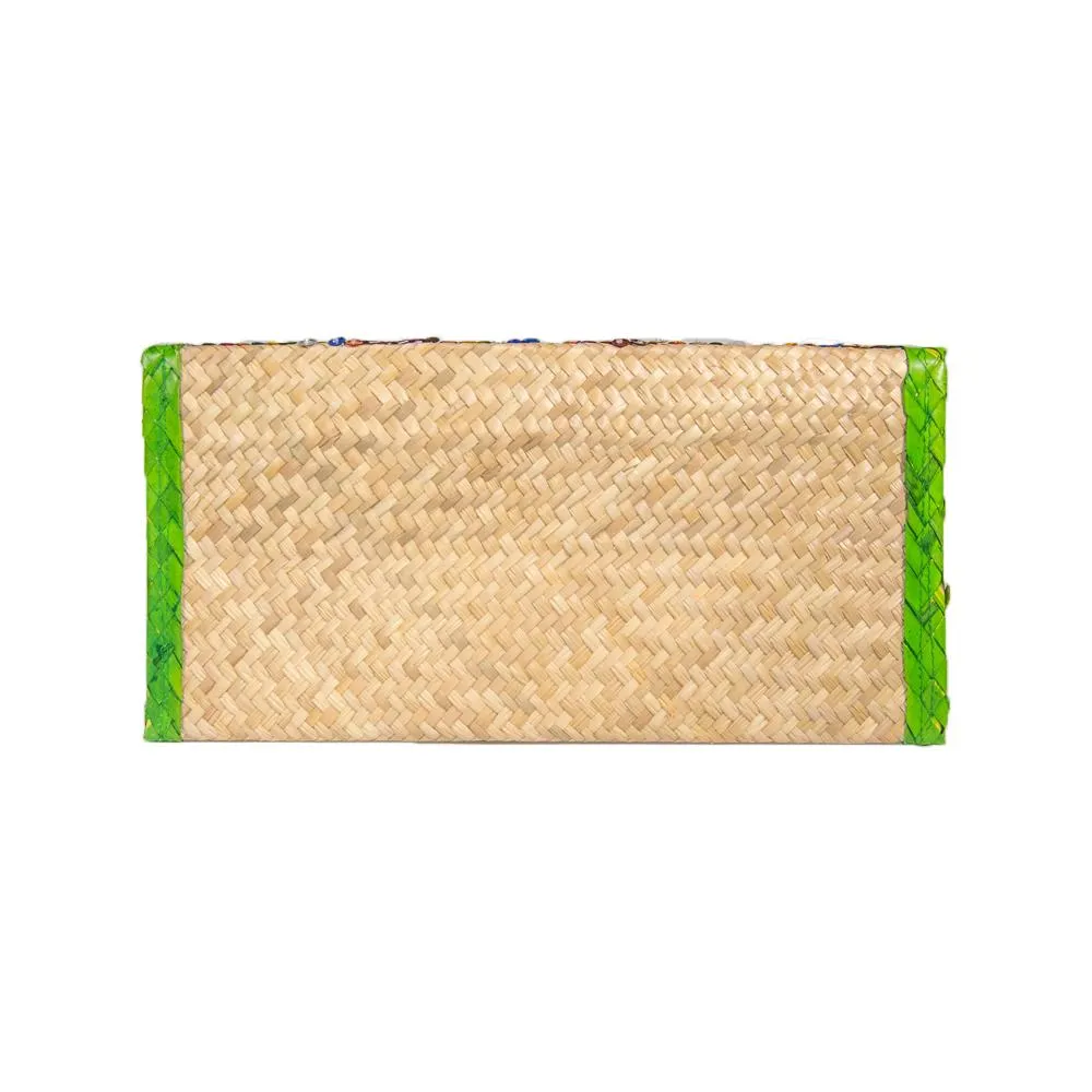 Straw Clutch Bag Embroidered With Colorful Sequin. Triangles with