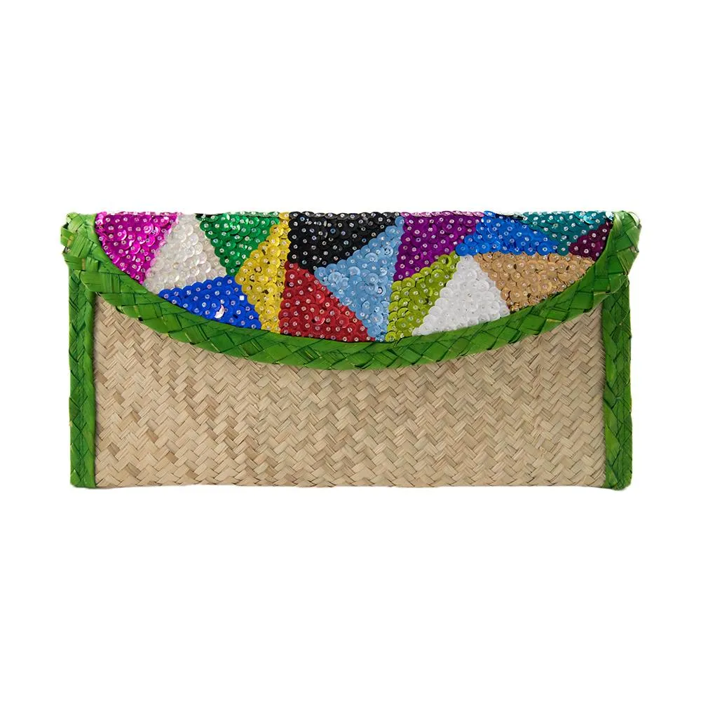 Straw Clutch Bag Embroidered With Colorful Sequin. Triangles with