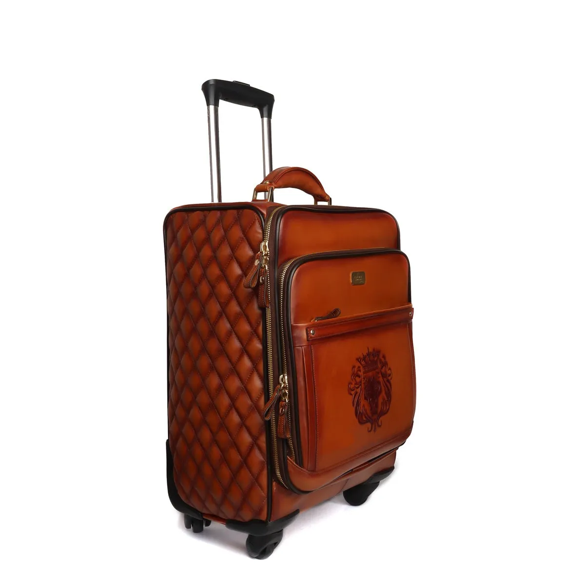 Tan Leather Diamond Stitched Quad Wheel Trolly Bag by Brune & Bareskin