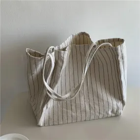 TAVIMART  -  Women Simple Casual Striped Tote Large Capacity Ins Canvas Large Capacity Handbag Multifunctional Shopping Bag