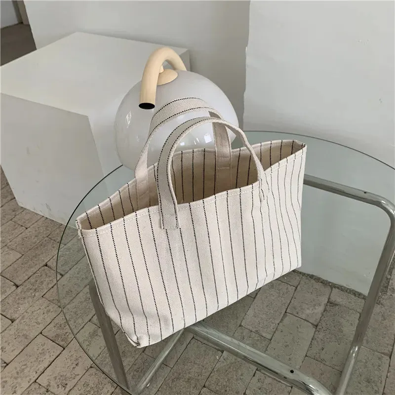 TAVIMART  -  Women Simple Casual Striped Tote Large Capacity Ins Canvas Large Capacity Handbag Multifunctional Shopping Bag