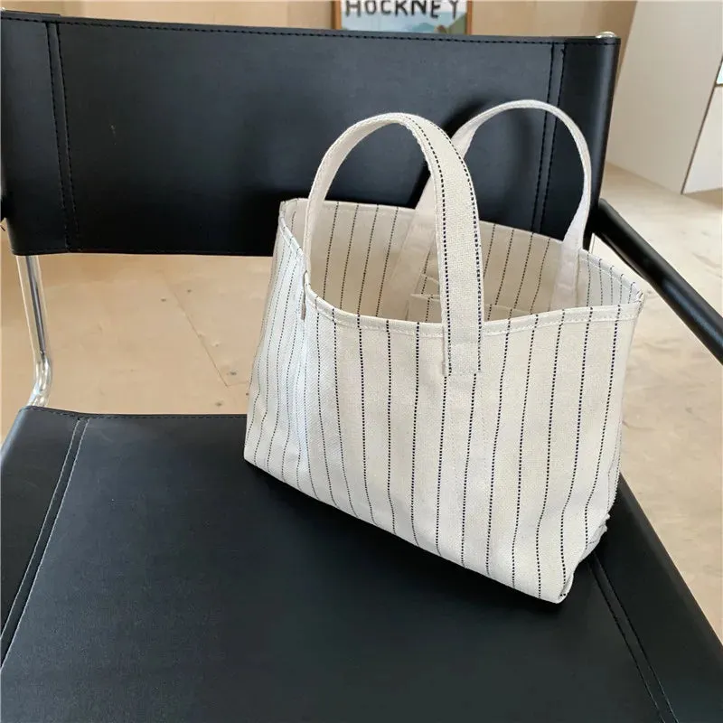 TAVIMART  -  Women Simple Casual Striped Tote Large Capacity Ins Canvas Large Capacity Handbag Multifunctional Shopping Bag