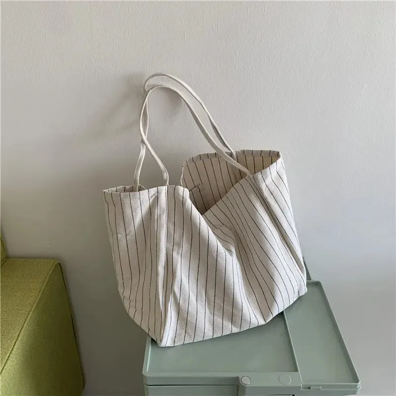 TAVIMART  -  Women Simple Casual Striped Tote Large Capacity Ins Canvas Large Capacity Handbag Multifunctional Shopping Bag