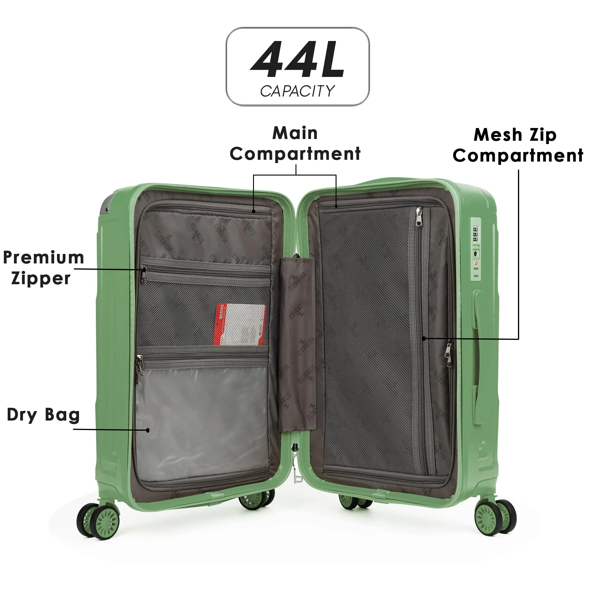 THE CLOWNFISH Ballard Series Luggage ABS & Polycarbonate Exterior Suitcase Eight Wheel Trolley Bag with TSA Lock- Green (Small size, 55 cm-22 inch)