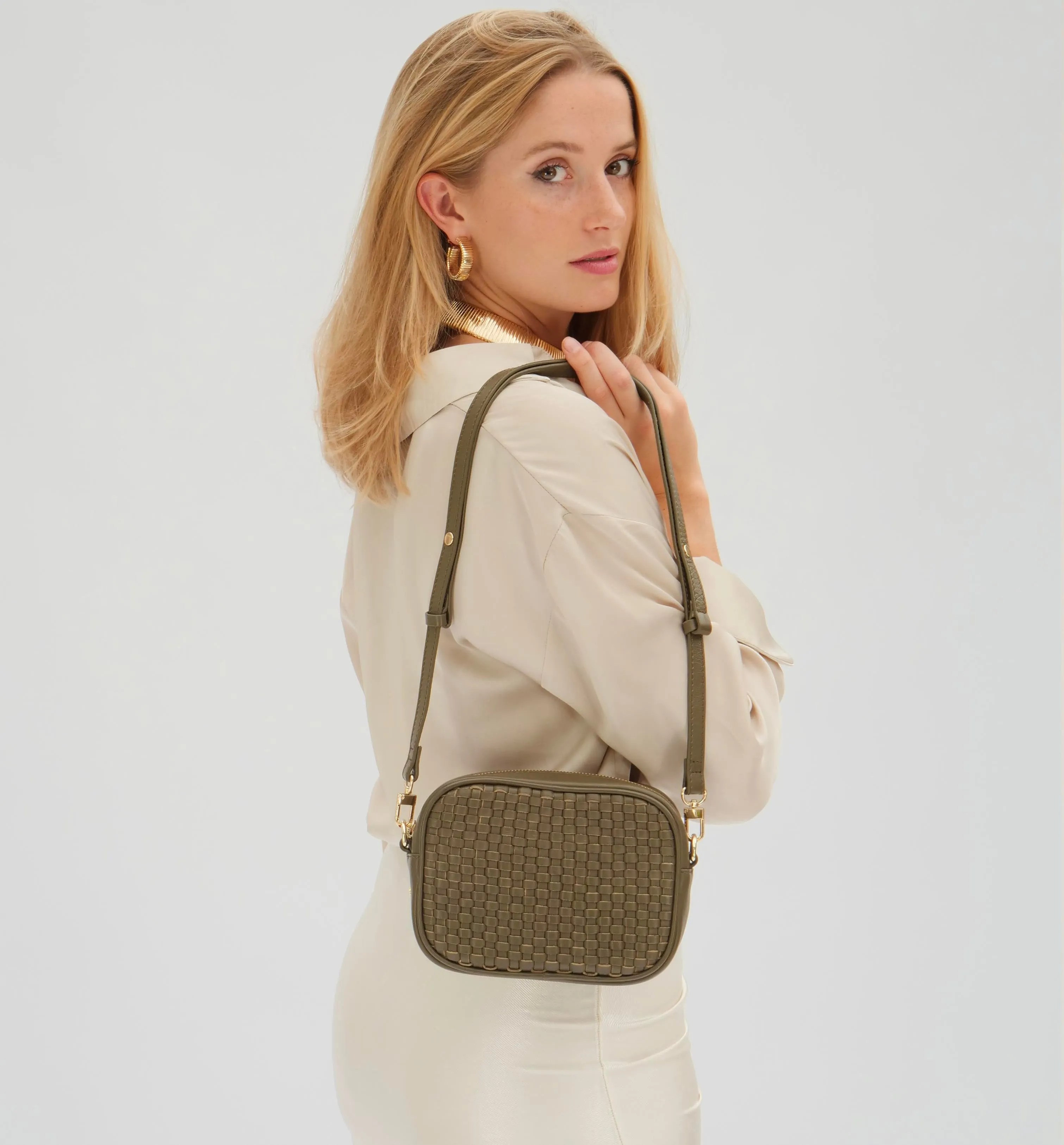 The Penelope Olive Woven Leather Camera Bag