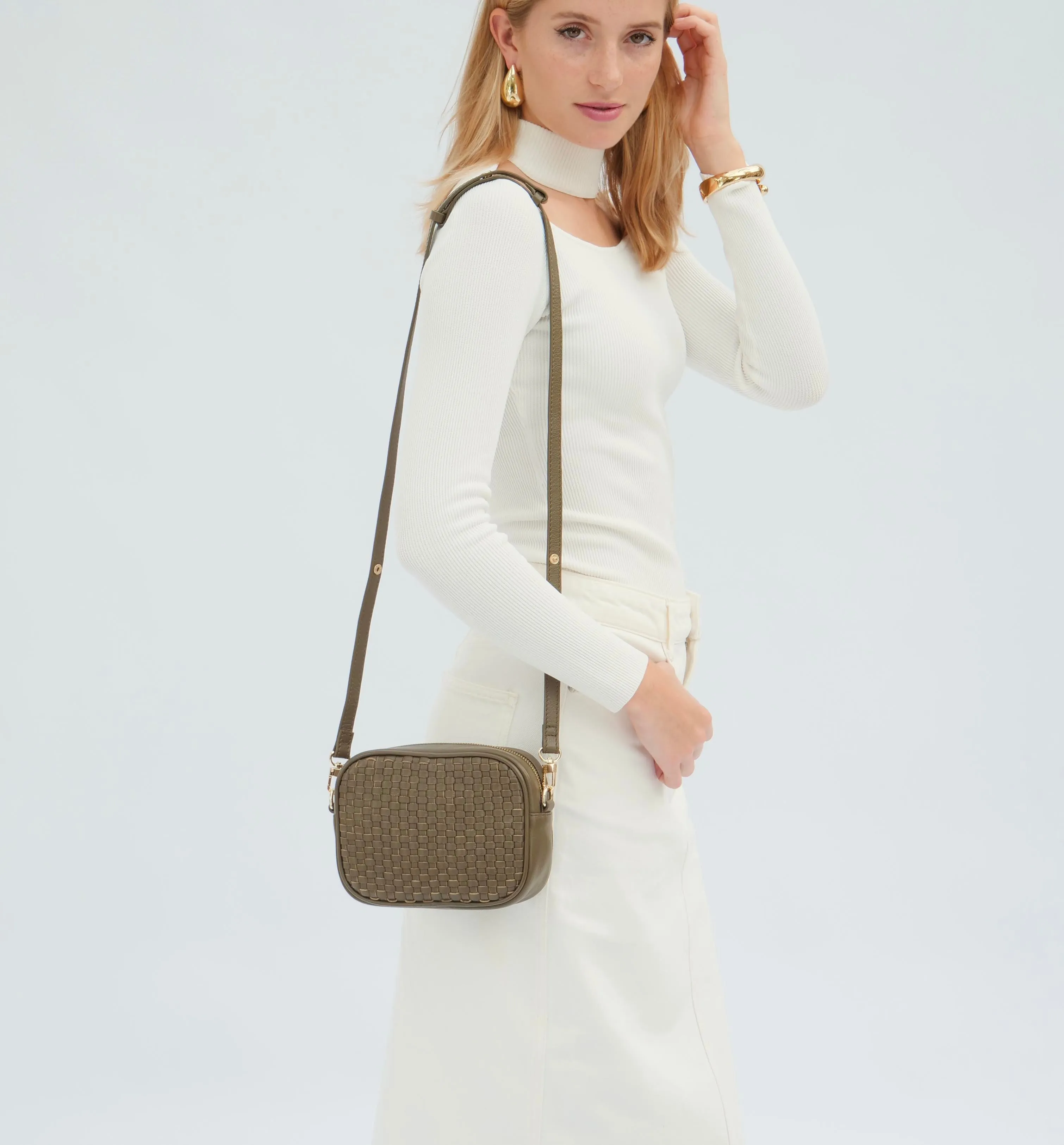 The Penelope Olive Woven Leather Camera Bag