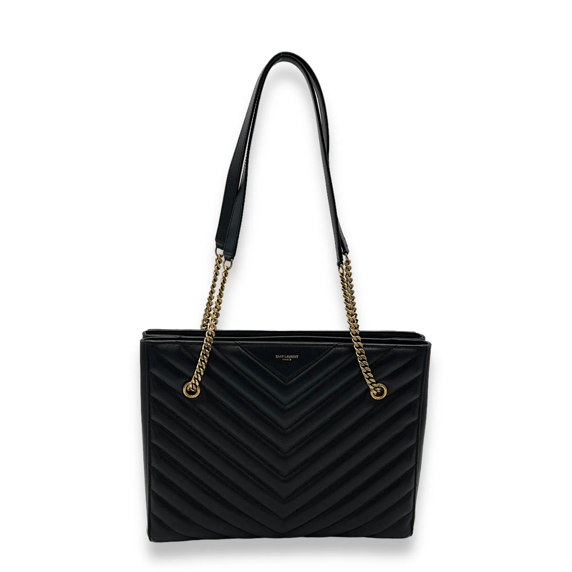 Tribeca Shopping Medium Black Tote Bag in Calfskin, Gold hardware