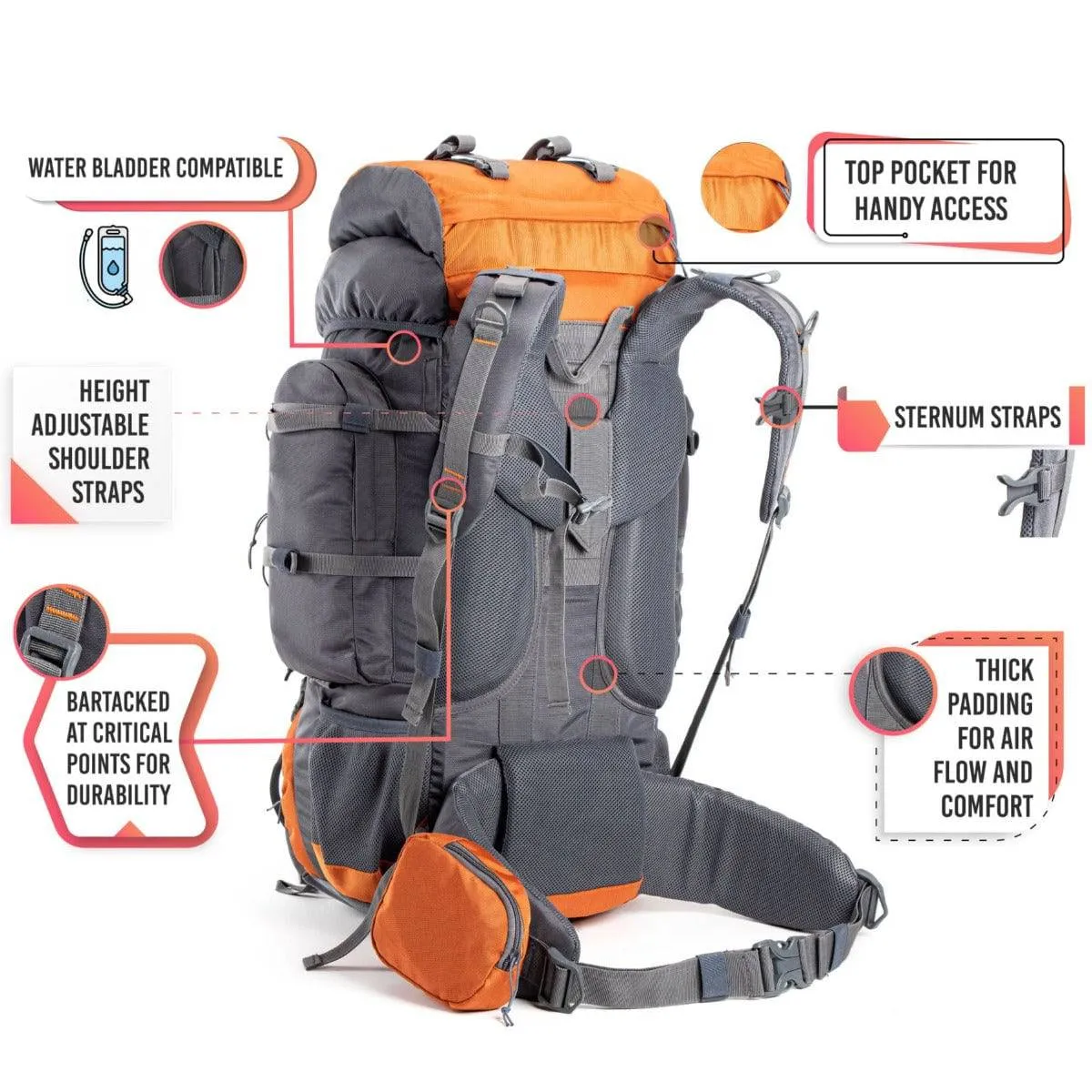 Walker Trekking and Backpacking Rucksack - 65 Litre - Grey & Orange