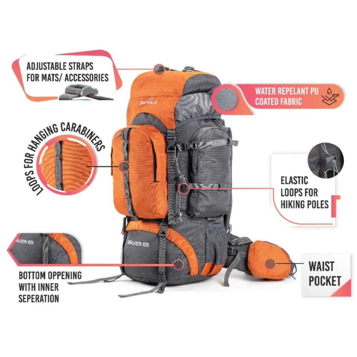 Walker Trekking and Backpacking Rucksack - 65 Litre - Grey & Orange